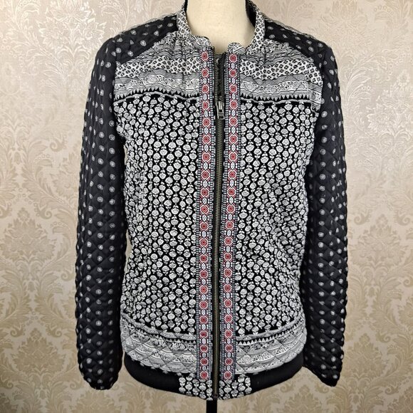 Roxy Size Medium Full Zip Quilted Black & White Patterned Jacket Pink Accents - Picture 4 of 13